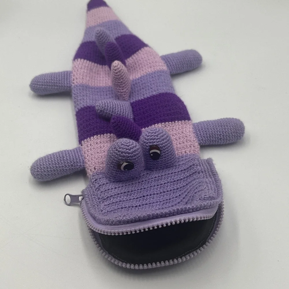 Handmade Crochet Dinosaur Dragon Zip Pouch Coin‎ Purse Bag Purple Stripe Cute
